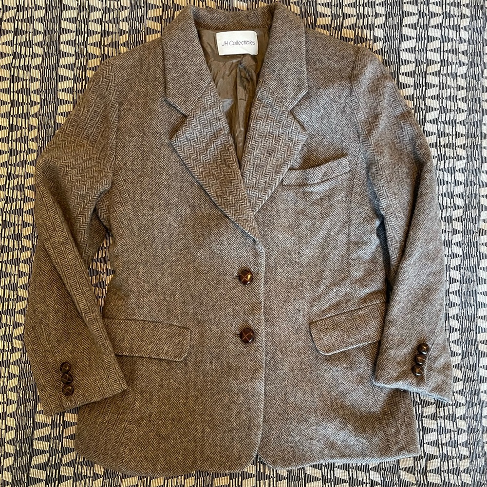 Vintage Herringbone Brown Blazer Wool
